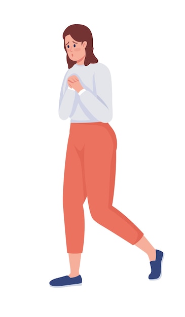 Worried woman semi flat color vector character Walking figure Full body person on white Common situations and daily tasks isolated modern cartoon style illustration for graphic design and animation