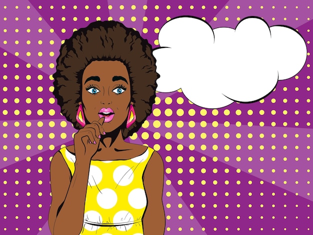 Wow pop art face Surprised african woman with open mouth and speech bubble Pop art