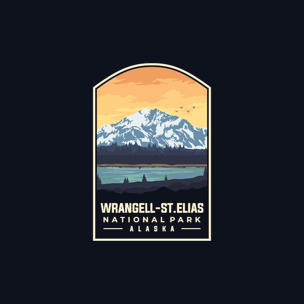 Wrangell St Elias national park vector template. Alaska landmark illustration in patch emblem style.