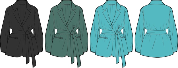 WRAP WAIST BLAZER front and back flat sketch technical drawing vector illustration template