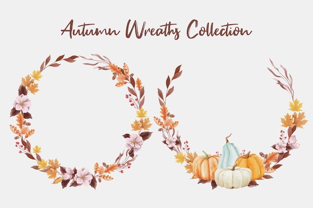 Wreath of autumn leaves and pumpkins in watercolor style