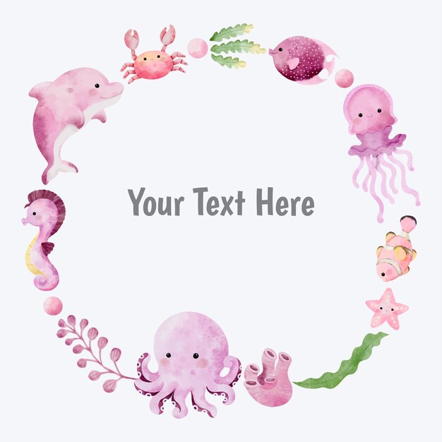 Vector wreath background with sea animals vector cartoon watercolor