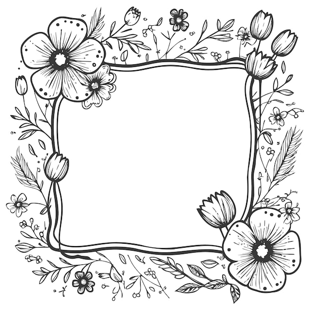 Wreath of black flowers in doodle style on a white background Square frame for text Decoration for wedding cards