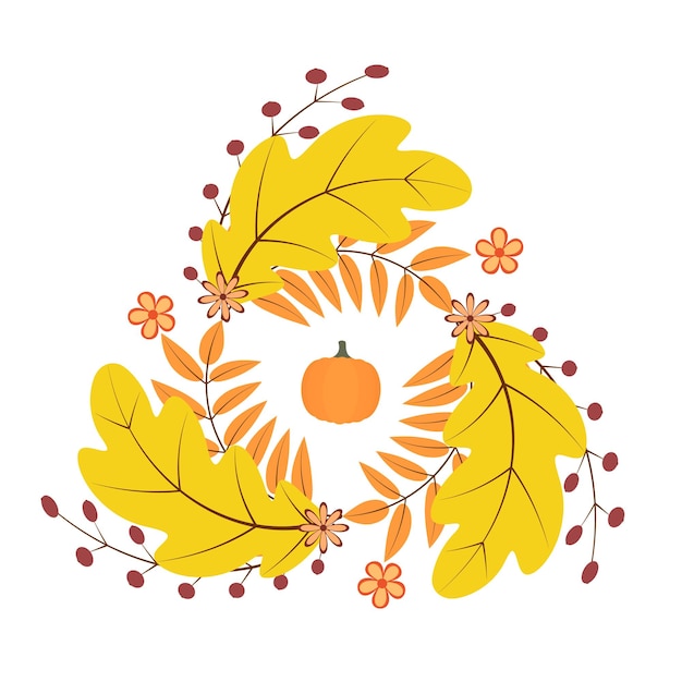 Wreath of colorful autumn leaves flowers and pumpkin Fall theme vector illustration Thanksgiving day greeting card or invitation