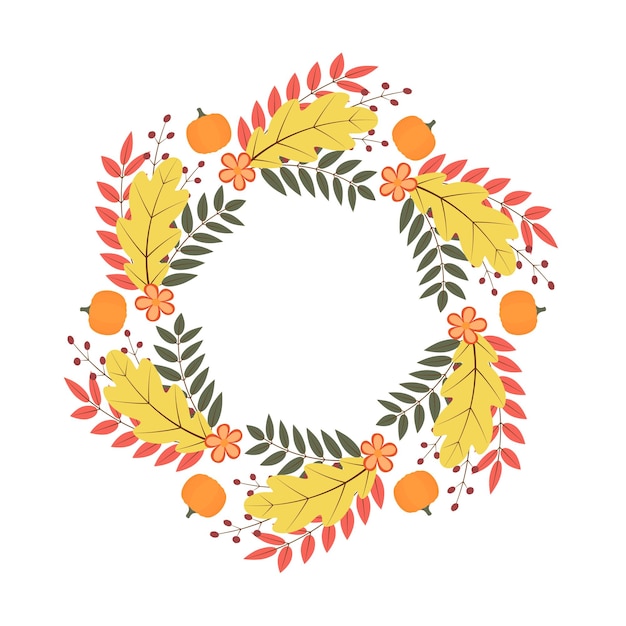 Wreath of colorful autumn leaves flowers and pumpkin Fall theme vector illustration Thanksgiving day greeting card or invitation