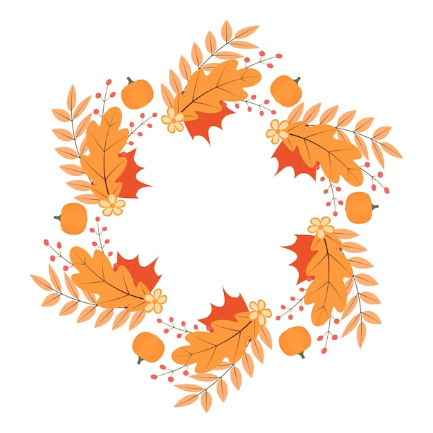 Wreath of colorful autumn leaves flowers and pumpkin Fall theme vector illustration Thanksgiving day greeting card or invitation