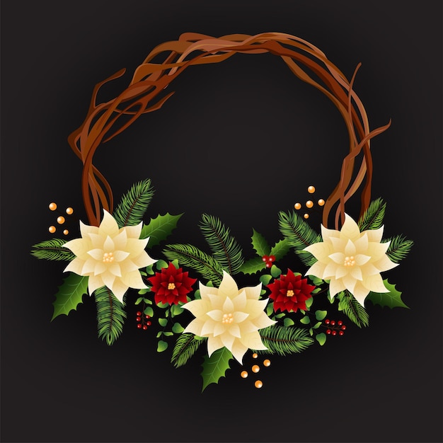 Wreath Decorated From Poinsettia Flower With Leaves Berries And Copy Space On Black Background