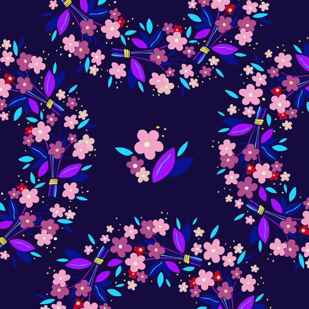 Wreath of forget me not flowers and leaves in a rustic style seamless pattern