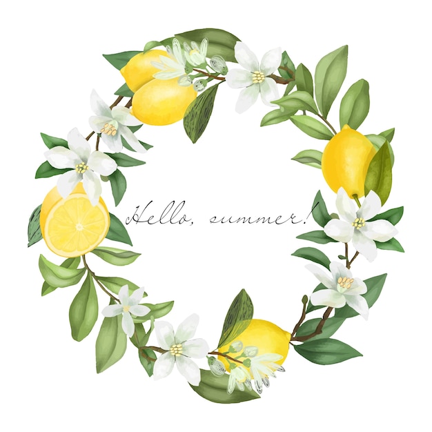 Wreath of hand drawn blooming lemon tree branches, lemon flowers and lemons