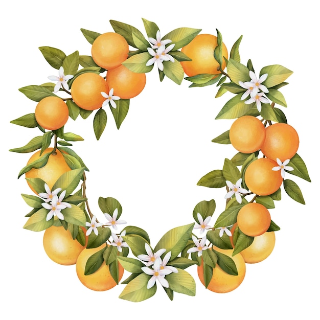 Wreath of hand drawn watercolor blooming orange tree branches flowers and oranges