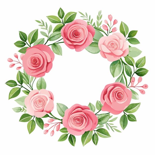 Vector a wreath of pink roses with green leaves and pink flowers