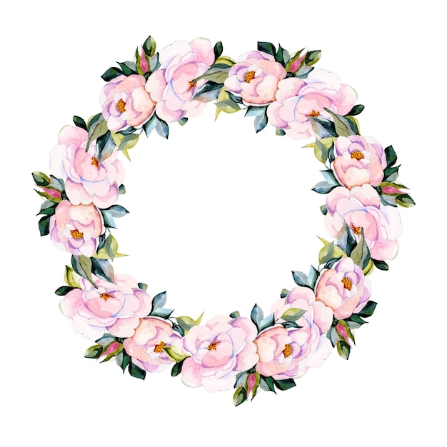 A wreath of pink roses with green leaves.