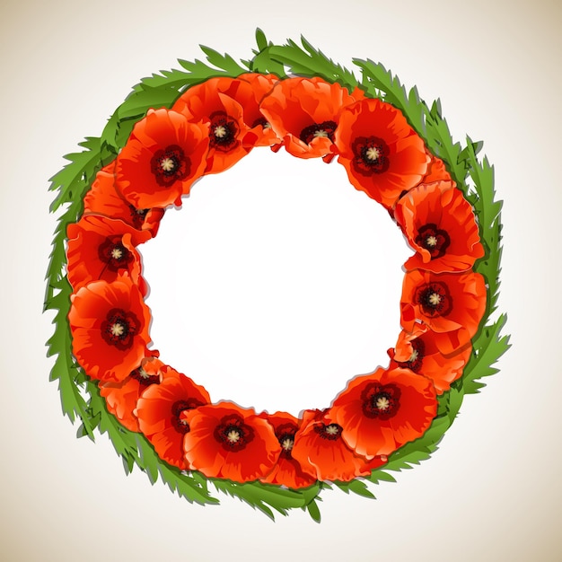 Wreath of Red Poppies floral round frame vector illustration