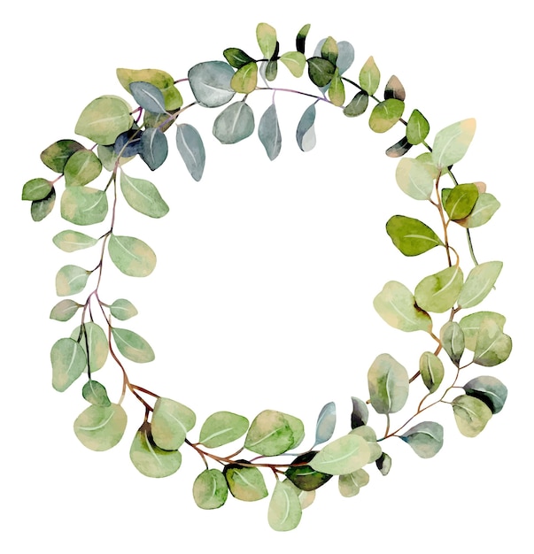 Wreath, round frame of watercolor eucalyptus branches