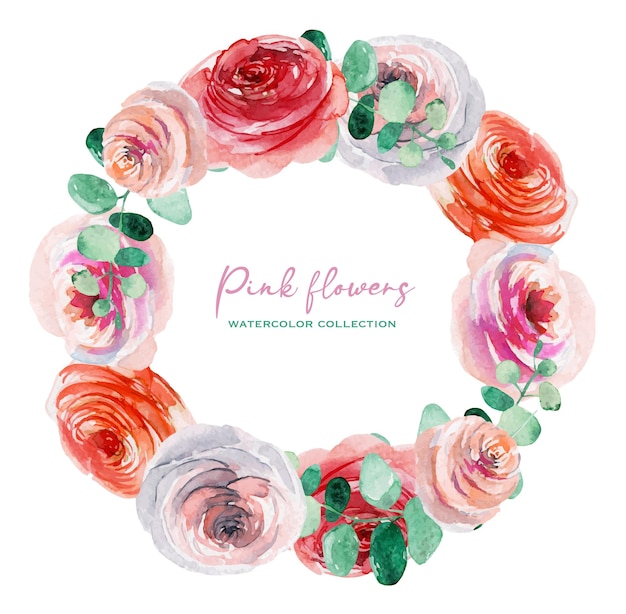 Wreath of watercolor pink and white roses and eucalyptus branches