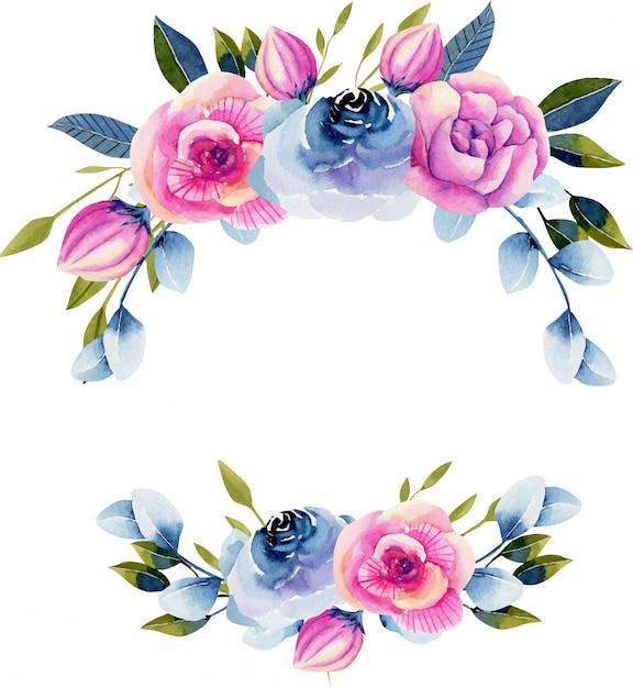 Wreath of watercolor roses and peonies, green and blue leaves