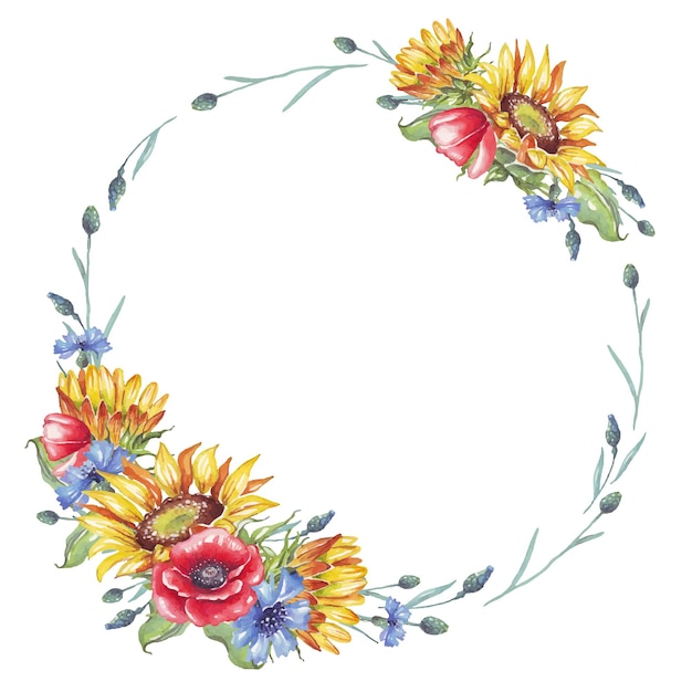 Wreath Watercolor sunflowers Vector