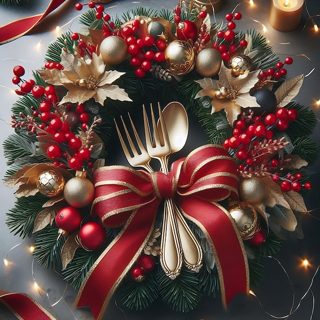 a wreath with a fork and a red bow on it