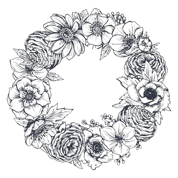 Wreath with hand drawn flowers, leaves, branches in sketch style.