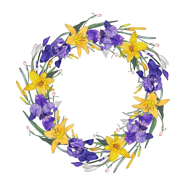 Wreath of yellow and violet flowers irises and lilies green leaves