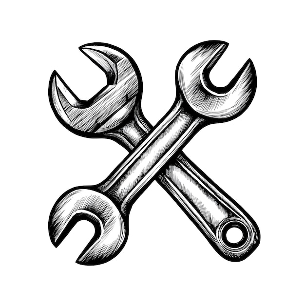 Vector wrench ink sketch drawing black and white engraving style vector illustration