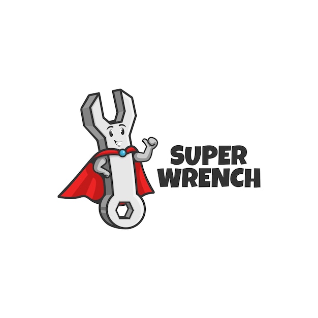 A wrench mascot hero or plumber superhero holding a wrench or spanner and making thumb up. mascot logo.