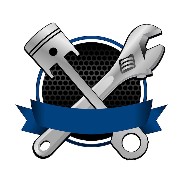 Wrench And Piston Cross Racing Emblem with blue ribbon