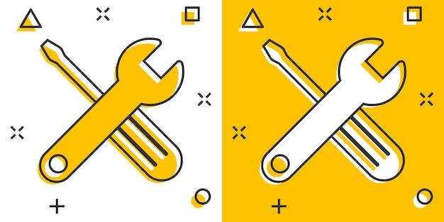 Wrench and screwdriver icon in comic style Spanner key cartoon vector illustration on white isolated background Repair equipment splash effect business concept