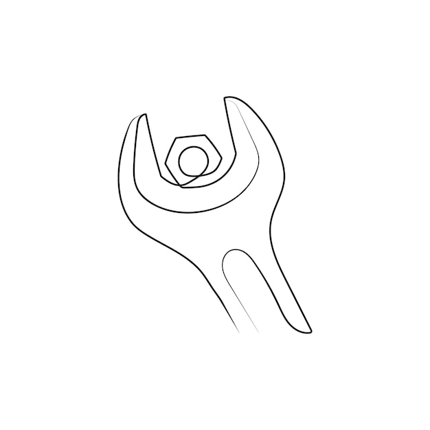 Wrench with nut. Adjustable spanner. One line vector art. Tool for repair and construction.