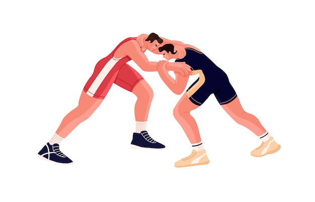 Wrestling match of two strong fighters Fight between freestyle wrestlers Sports opponents competing in battle Men athletes at tournament Flat vector illustration isolated on white background