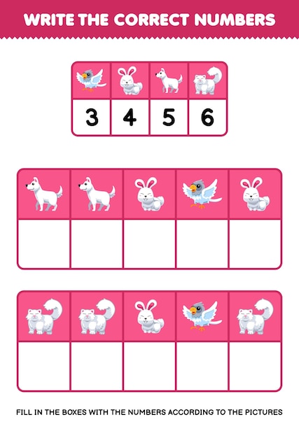 Write the right numbers in the box according to the cute white animal on the table pet worksheet