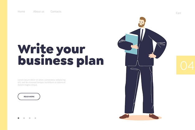 Write your business plan concept of landing page with successful businessman holding document folder