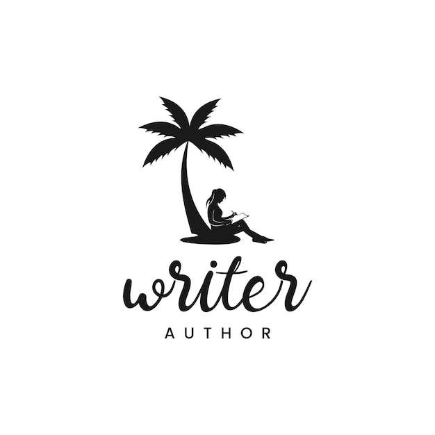 writer author logo with women sit in palm tree concept design