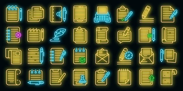 Writing icons set vector neon