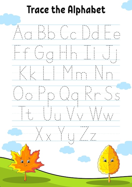 Writing letters Tracing page Practice sheet Worksheet for kids Learn alphabet Cute character Cartoon style