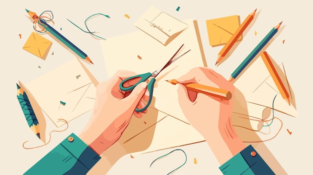 Vector writing objects composition with scissors on hand