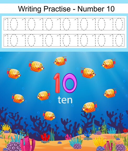 Vector the writing practices number 10 with fish and coral underwater