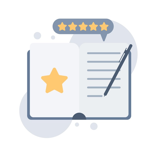 Writing a review, impressions, five star rating. Book of reviews and suggestions. Vector icon