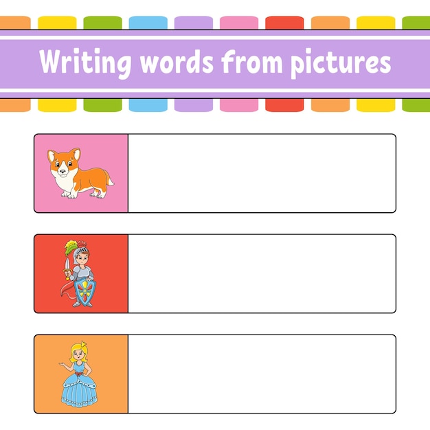 Writing words from pictures Education developing worksheet Activity page for kids Puzzle for children cartoon characters