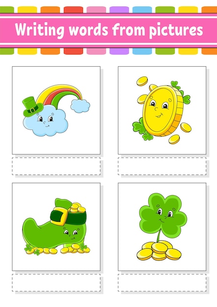 Writing words from pictures Education developing worksheet Activity page for kids Puzzle for children Isolated vector illustration cartoon characters St Patricks day