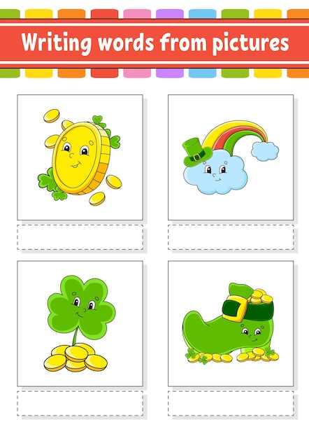 Writing words from pictures Education developing worksheet Activity page for kidsSt Patrick's day