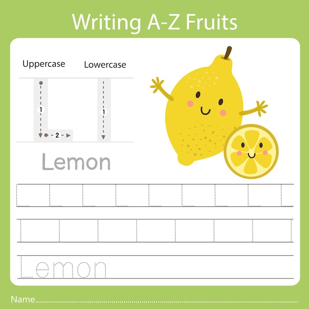 writing a-z fruits, with the word lemon