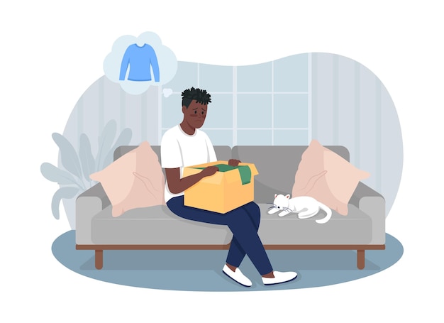 Wrong delivery order 2D vector isolated illustration. Upset buyer. Sad man with opened box sitting on sofa flat character on cartoon background. Cons of online shopping colourful scene