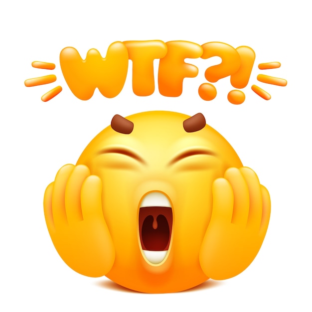 Wtf web sticker. Yellow emoji cartoon character. Emoticon smile face. 