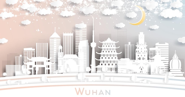 Wuhan China City Skyline in Paper Cut Style with White Buildings Moon and Neon Garland