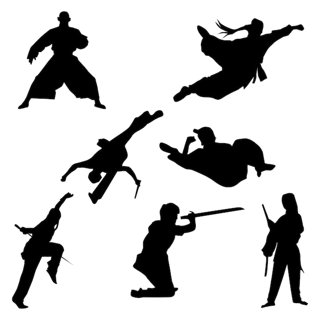 Vector wushu player silhouette shape drawing vol 5