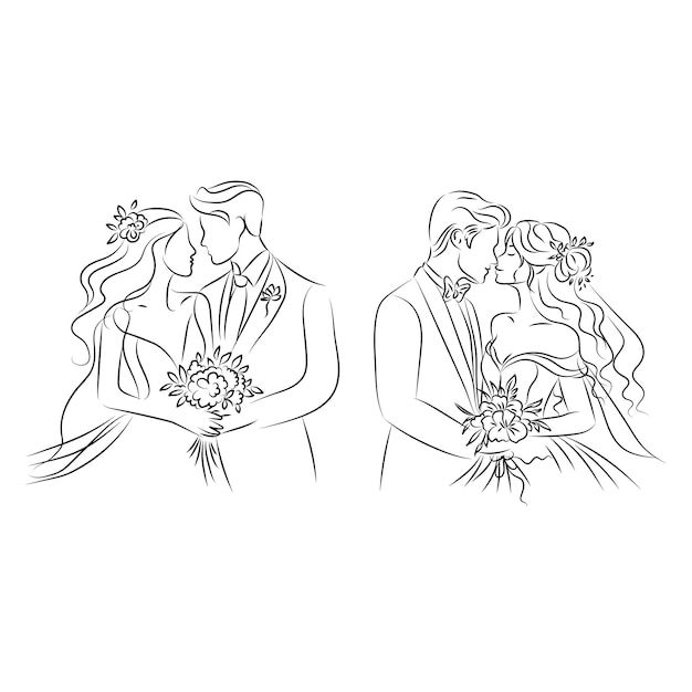 Wwedding couple one line illustrationcouple of lovers one line