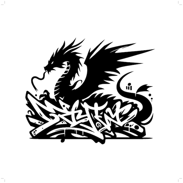 wyvern dragon silhouette people in graffiti tag hip hop street art typography illustration