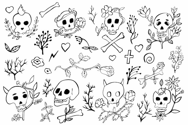 XASkull doodle vector set with floral elements flowers hand drawn skull sketch collection gothic set