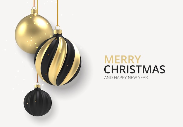 Xmas background Gold and black Christmas ball in realistic style on white background.